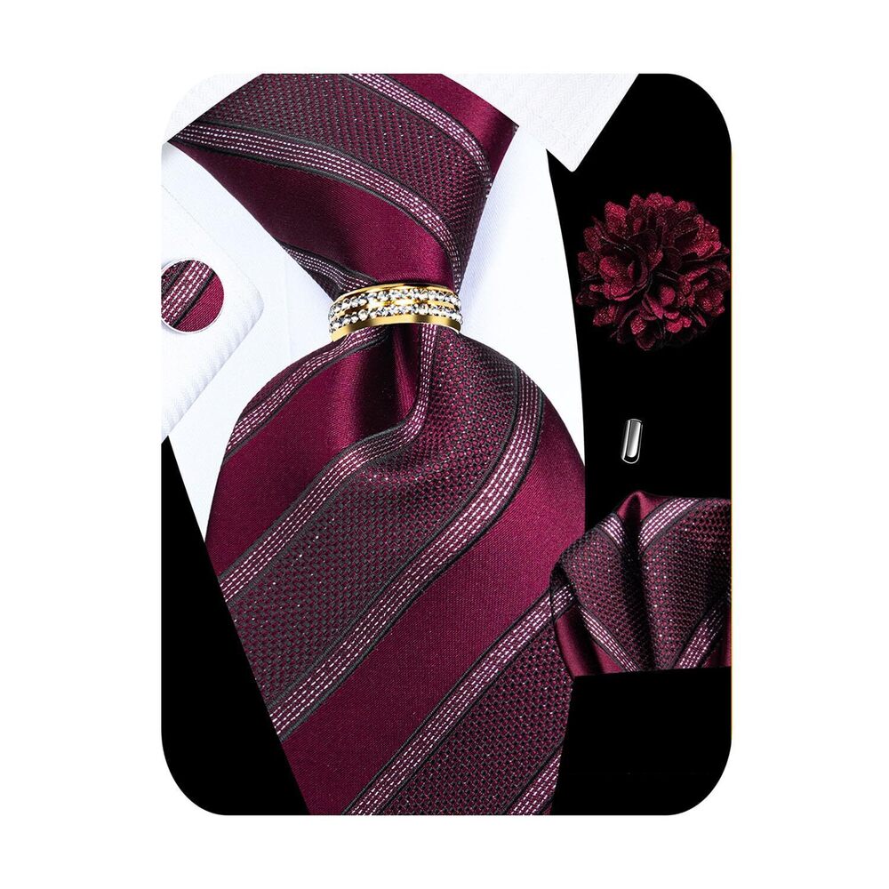 7521 5PCS Burgundy Striped Tie Pocket Square , Silk Necktie